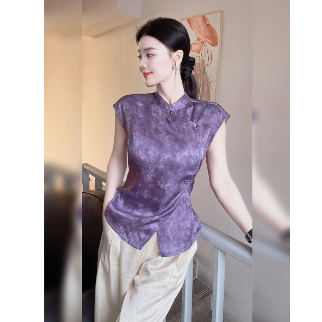 新中式国风元素高端大气上档次上衣高级感紫色立领印花衬衫女夏季