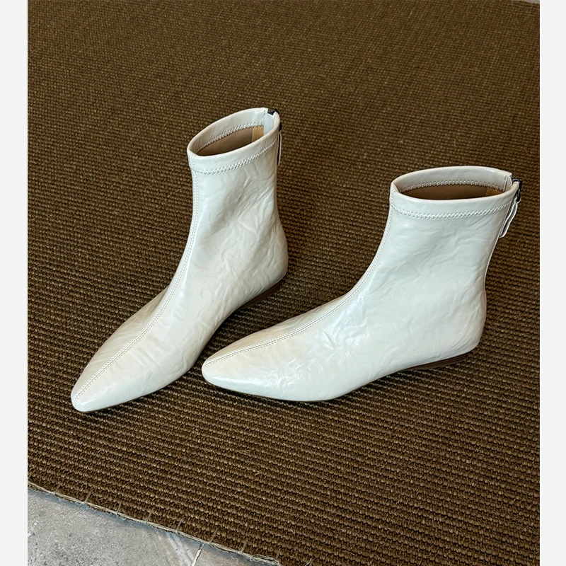 羊皮版~法式复古短靴女白色低跟气质通勤尖头瘦瘦靴坡跟平底短靴