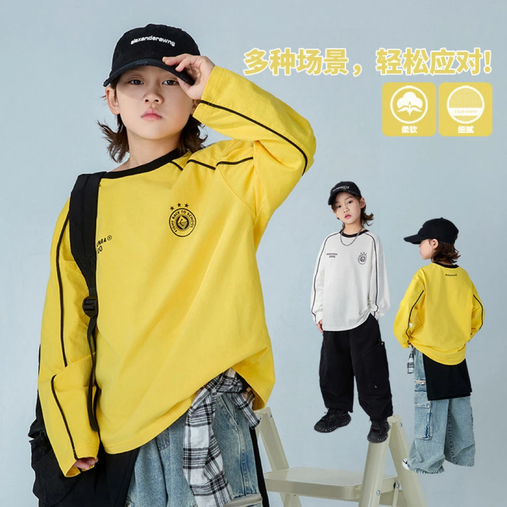 春季新款潮流男童流行颜色百搭卡绳印花长袖T恤