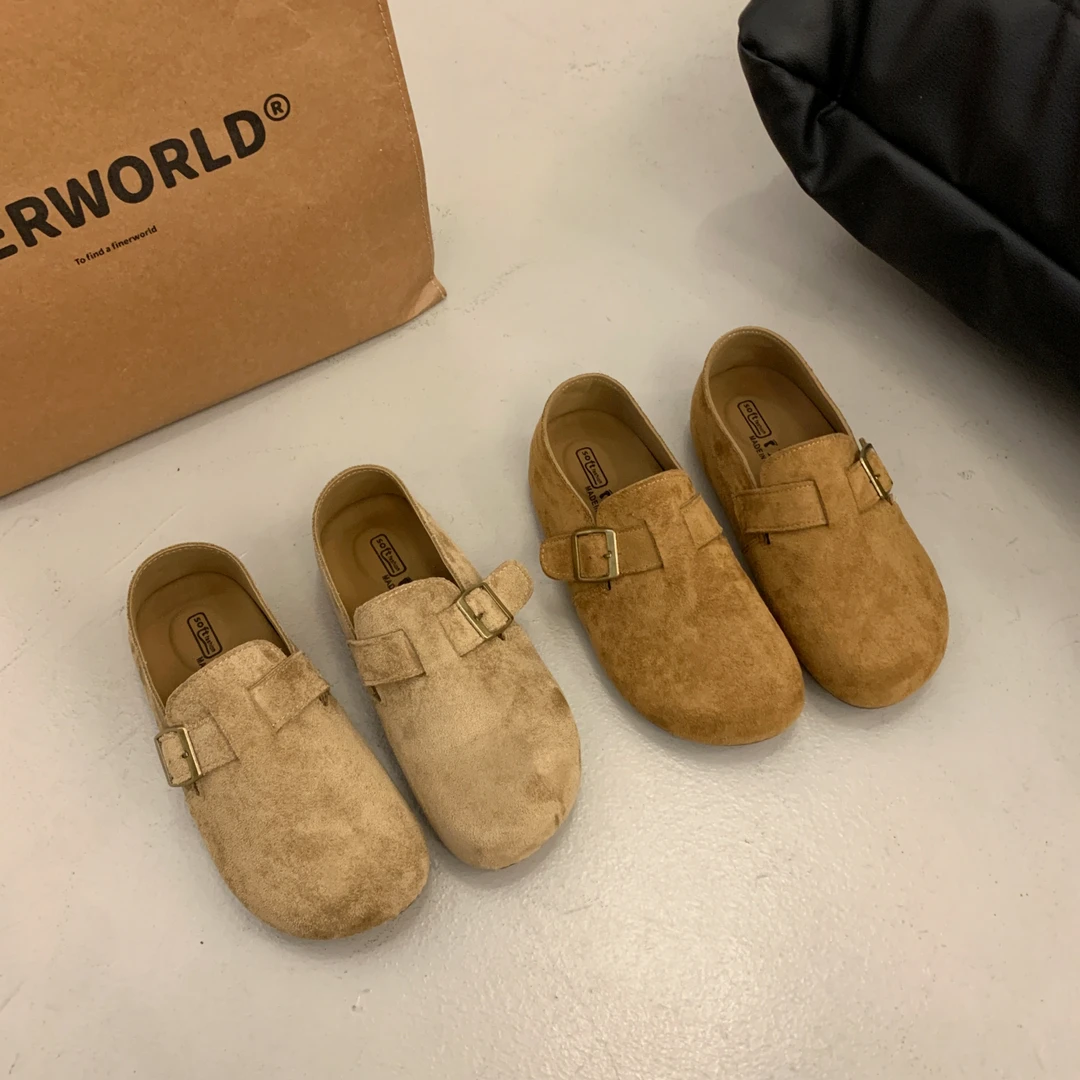 纯色浅口防滑休闲修面秋季豆豆鞋复古女鞋单鞋乐福鞋奶奶鞋圆头