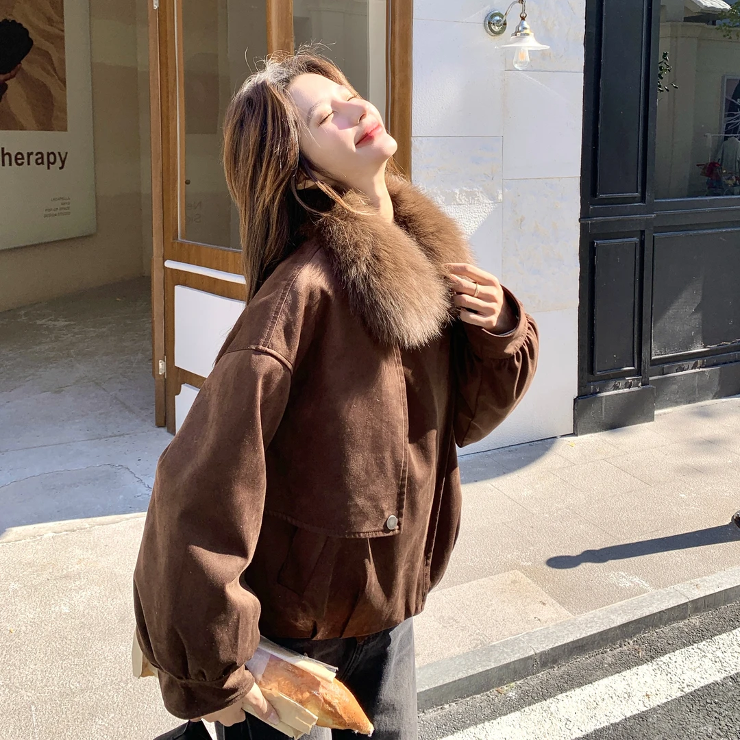 咖色复古高级感大毛领短款羽绒服女冬季韩系气质小个子白鸭绒外套