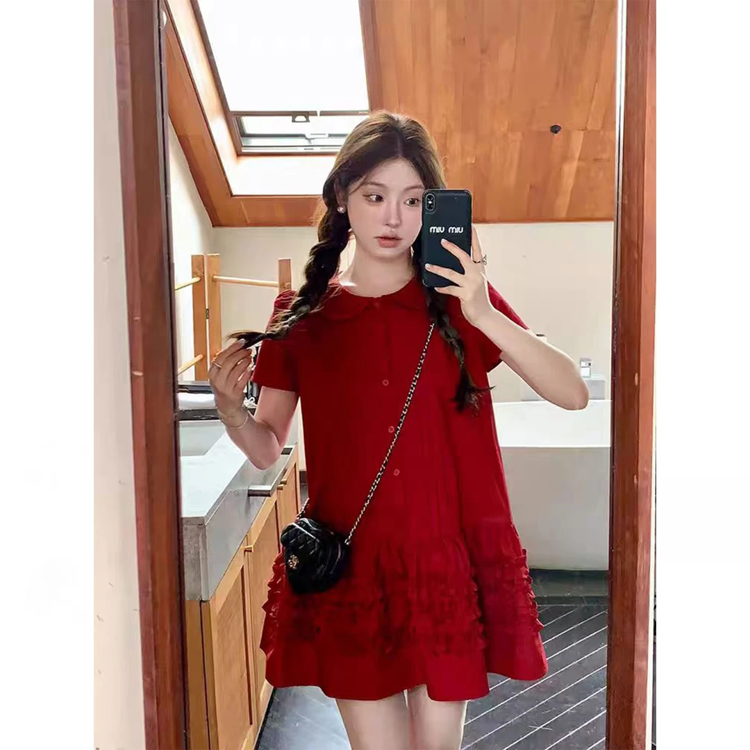 夏天甜美可爱风格衣服财阀富家千金气质红色娃娃领裙子连衣裙女夏
