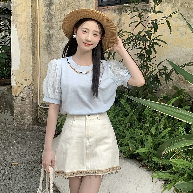 慕兔法式复古泡泡袖设计感T恤女2025夏季新款串珠拼接蕾丝短袖