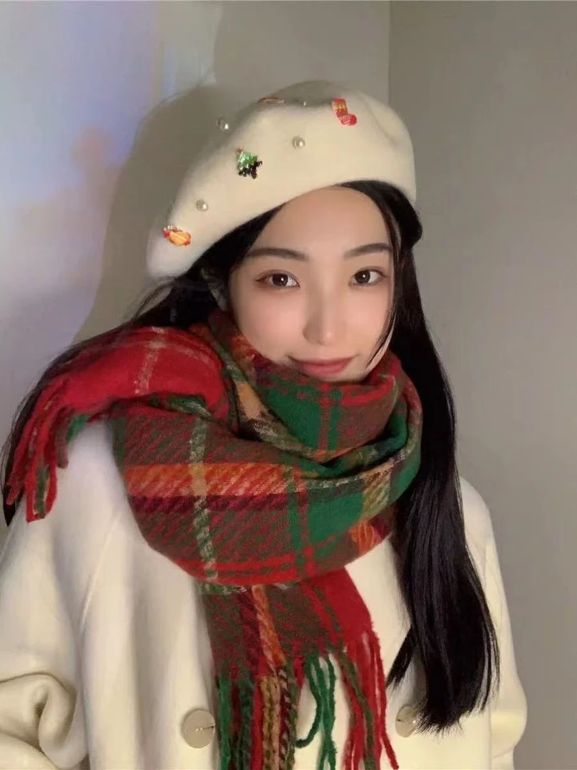 韩版复古新年红格子围巾女高级氛围感冬保暖情侣百搭披肩围脖