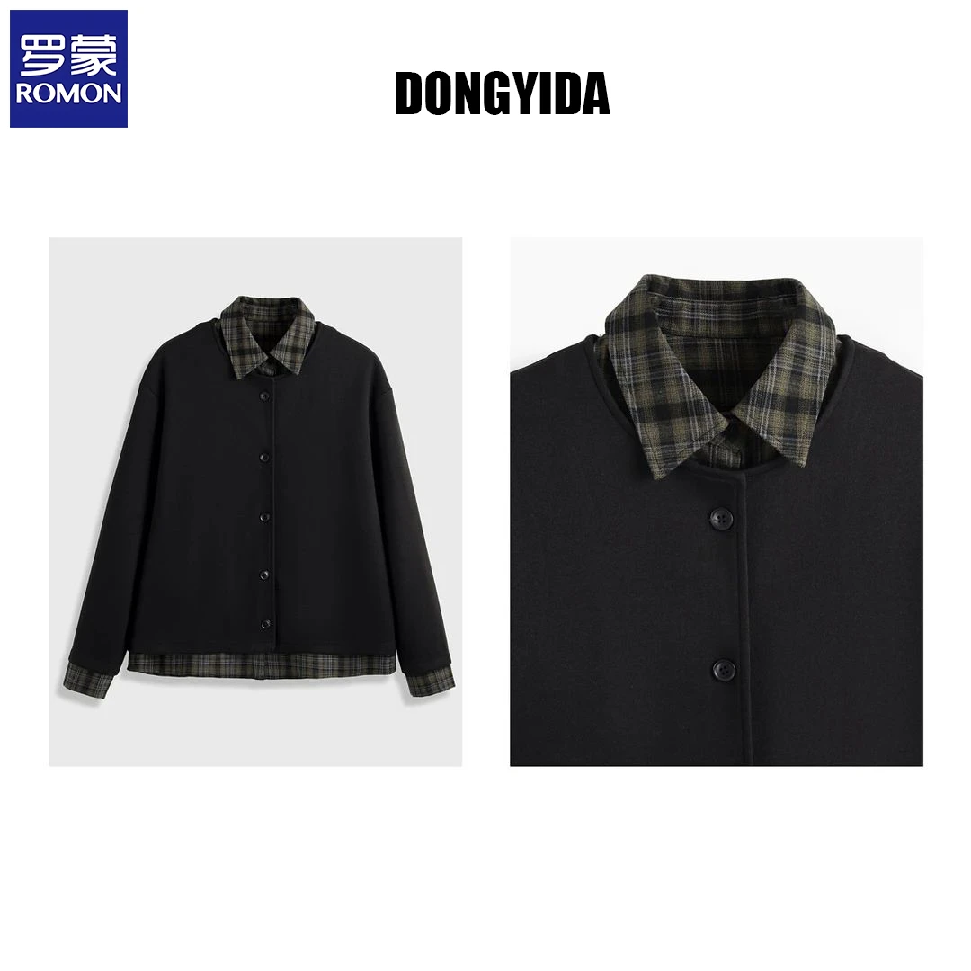 罗蒙【秋季新款】假两件拼接衬衫领外套毛呢开衫外套男女同款