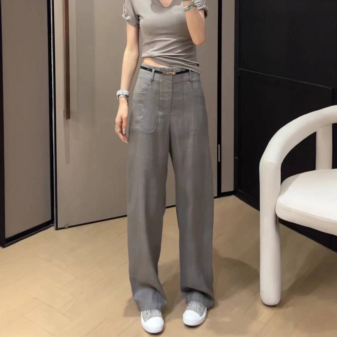 灰色时尚直筒休闲裤女2025夏季薄款大码胖mm高腰显瘦减龄百搭长裤