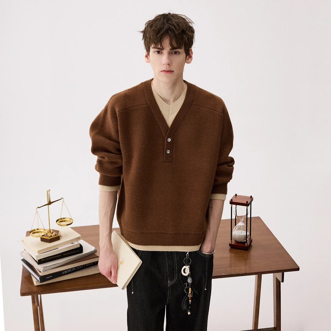 CHICERRO西西里男装美式复古假两件V领毛衣男男士长袖时尚休闲