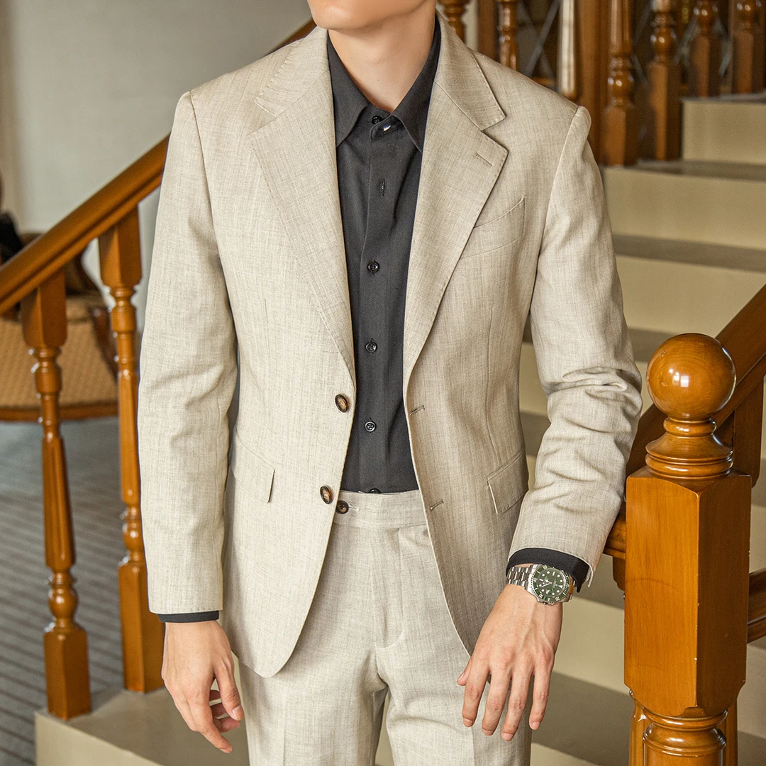 高定流沙米杏色西装意式瀑布袖男士商务休闲收腰纯色帅哥西服套装