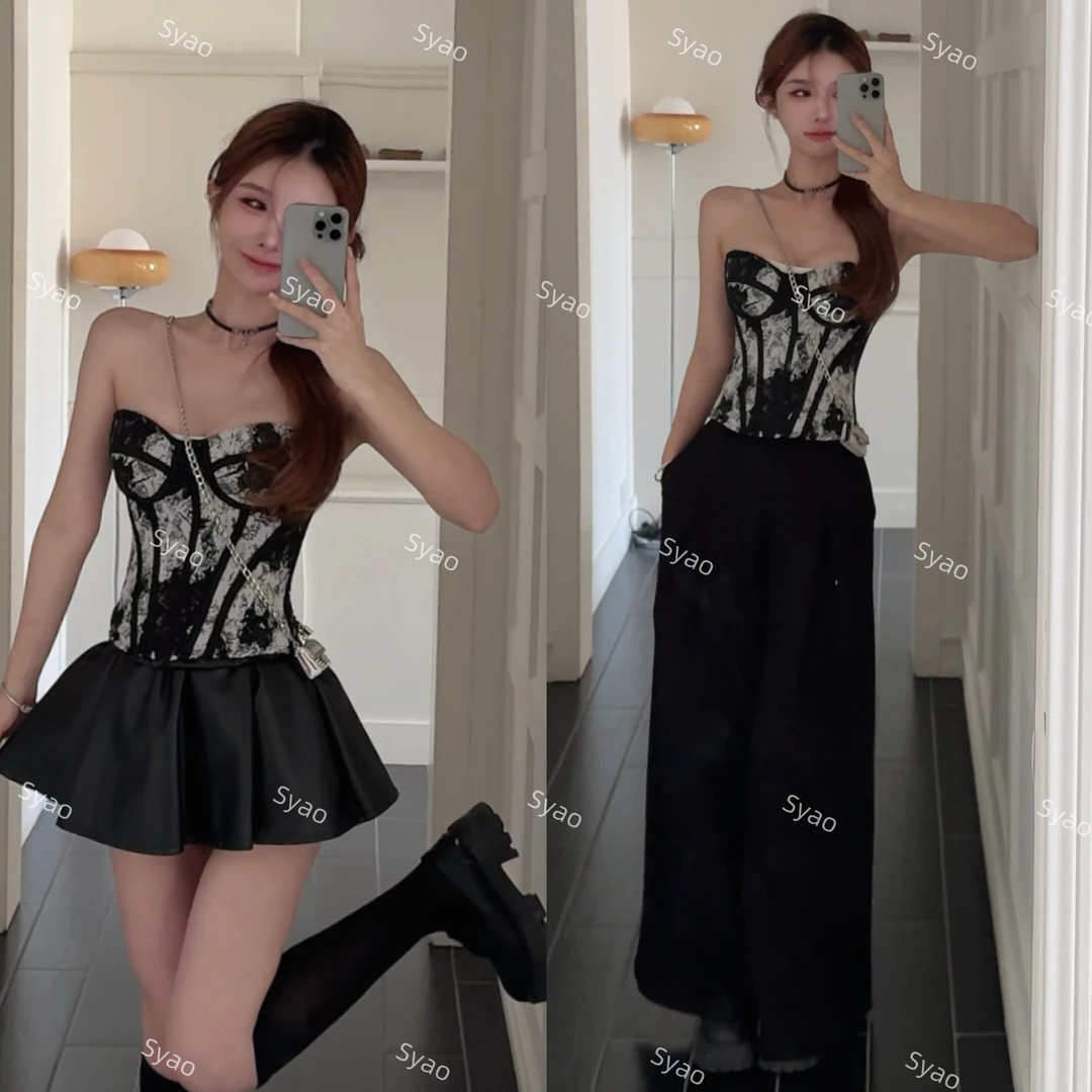 思瑶【新中式】水墨画鱼骨抹胸搭皮半裙无领毛毛外套#0894