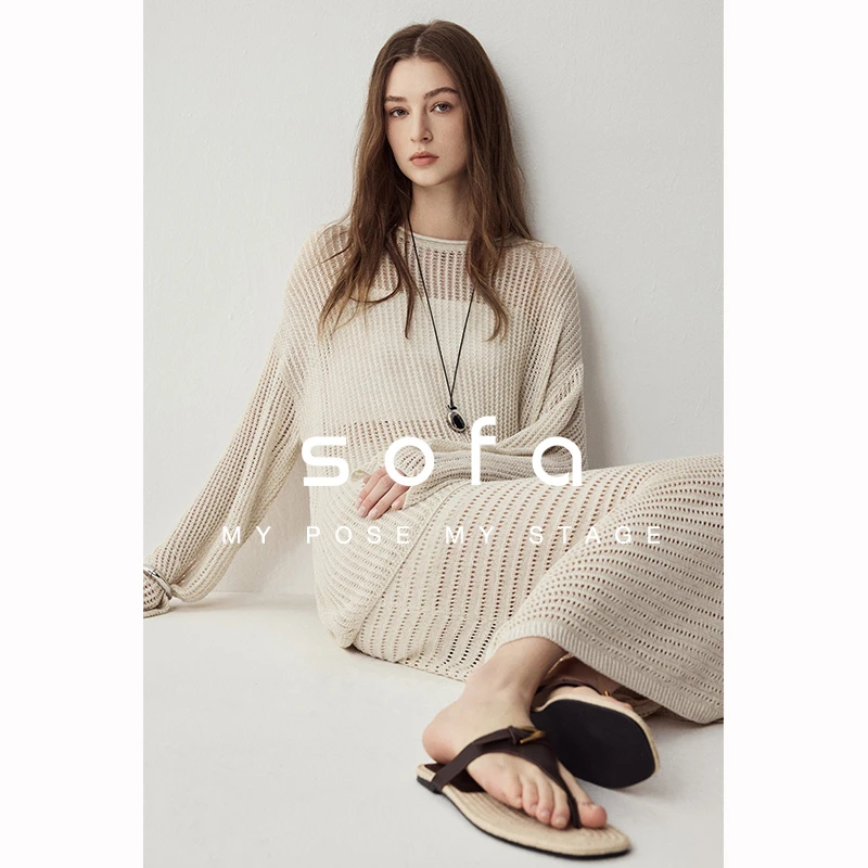 sofa慵懒度假镂空亚麻天丝混纺显瘦纸片人宽松针织衫+半身裙