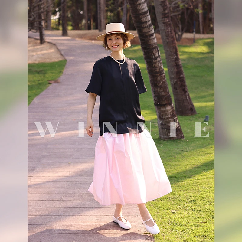 WinnieTang19姆米真丝素绉缎假两件拼接撞色宽松短袖连衣裙长裙