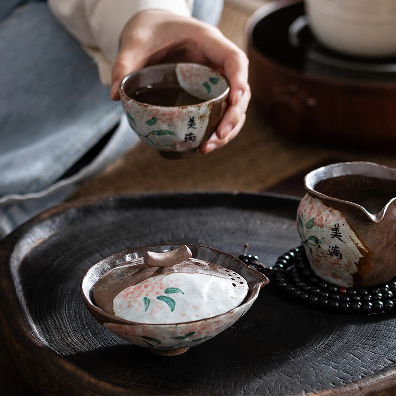 虎井窑半手工陶泥美满手捏小扁盖碗带公杯铃铛杯功夫茶具小套组