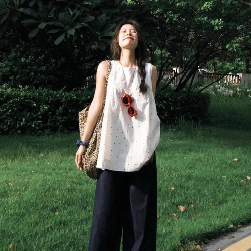 她他百伦波点无袖T恤女夏设计感小众减龄百搭上衣外穿大版宽松背