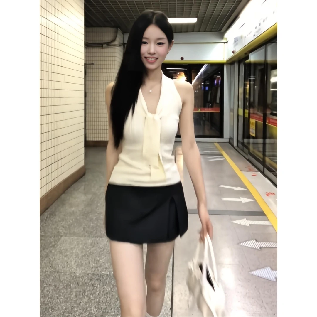 韩系chic别致蝴蝶结绑带针织挂脖背心吊带女夏季后背蕾丝拼接上衣