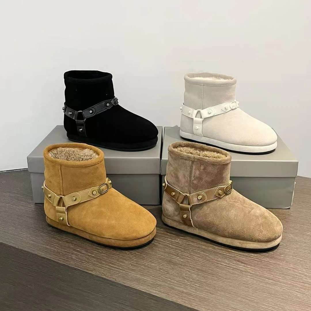2025冬季铆钉短靴女秋冬滑雪皮毛一体皮带扣厚底加绒保暖雪地靴新