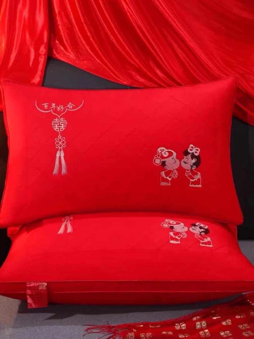 婚庆全棉100%棉刺绣枕芯大红色结婚