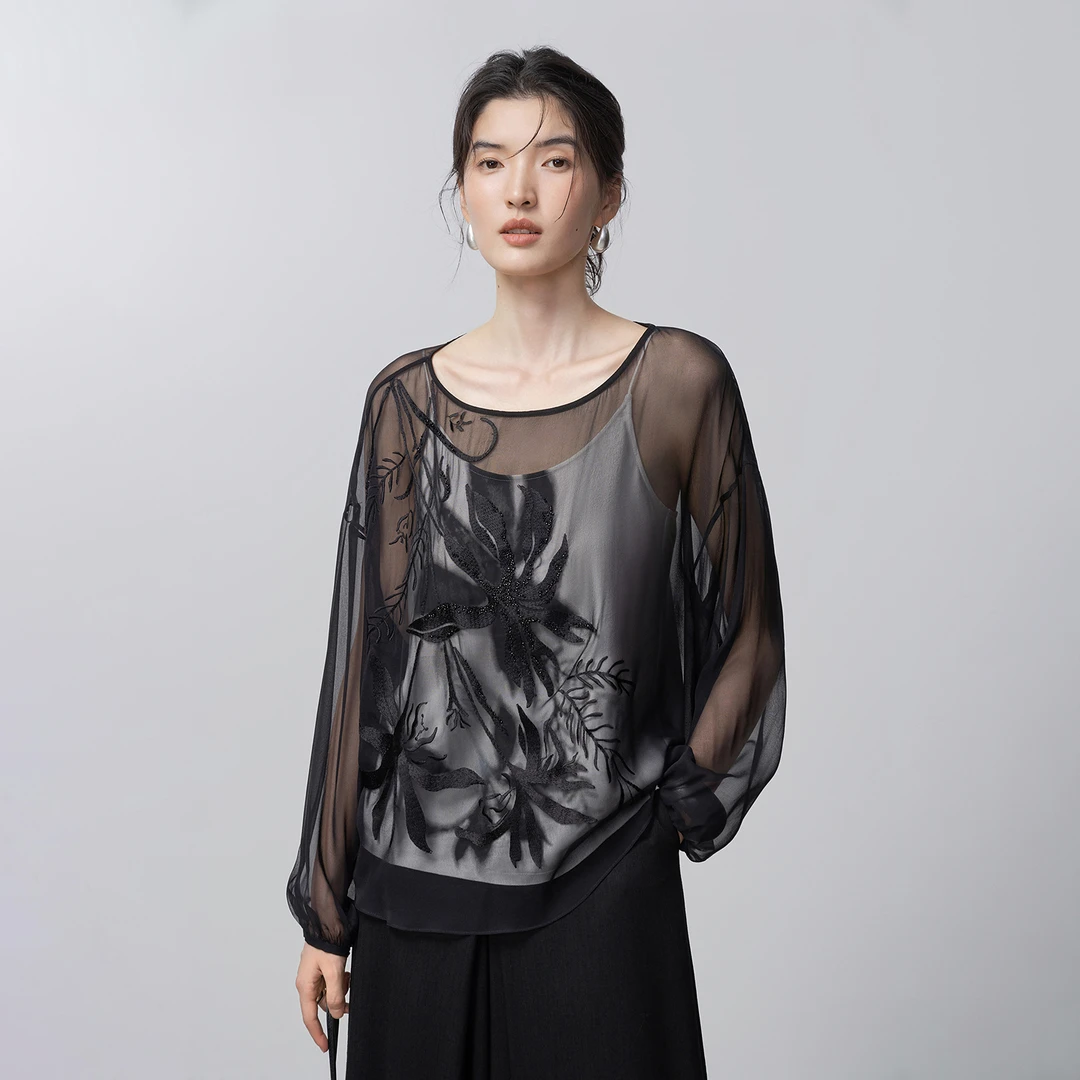 【手工钉珠】生活在左真丝衫两件套绣花2026早春新款花仙子上衣女