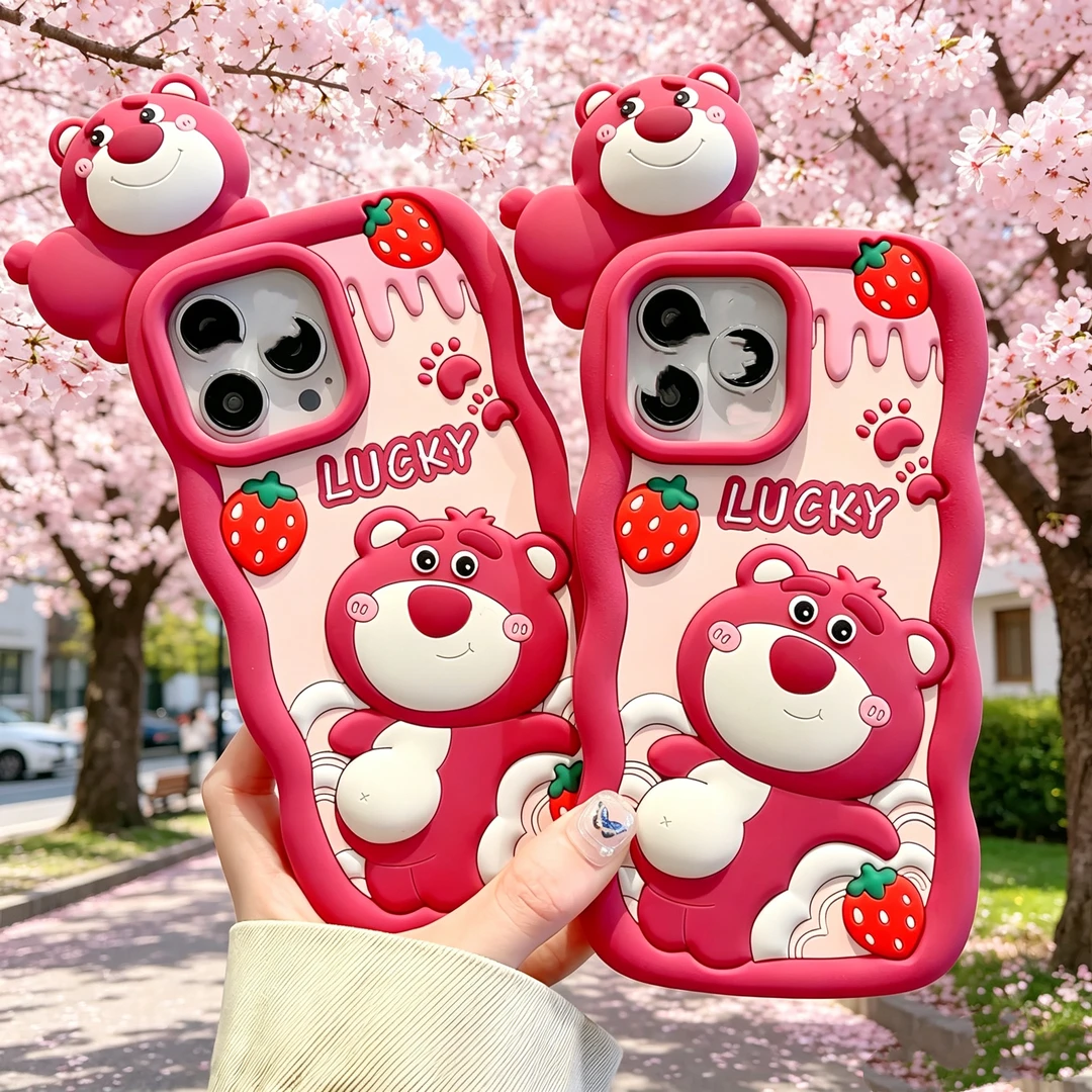 可爱草莓熊卡通适用iPhone16151413适用华为女款立体软硅胶手机壳