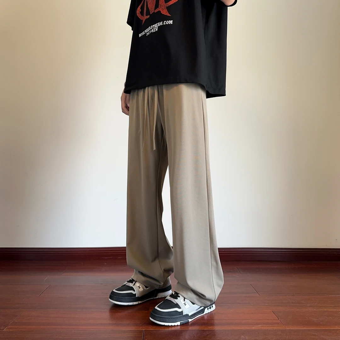 纯色垂感直筒休闲裤男夏季冰丝潮流高街阔腿拖地oversize宽松长裤