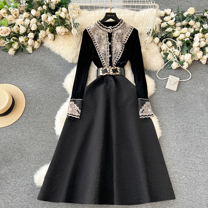 常规法式吊带长裙冬季高腰连衣裙显瘦女装收腰黑色长袖优雅