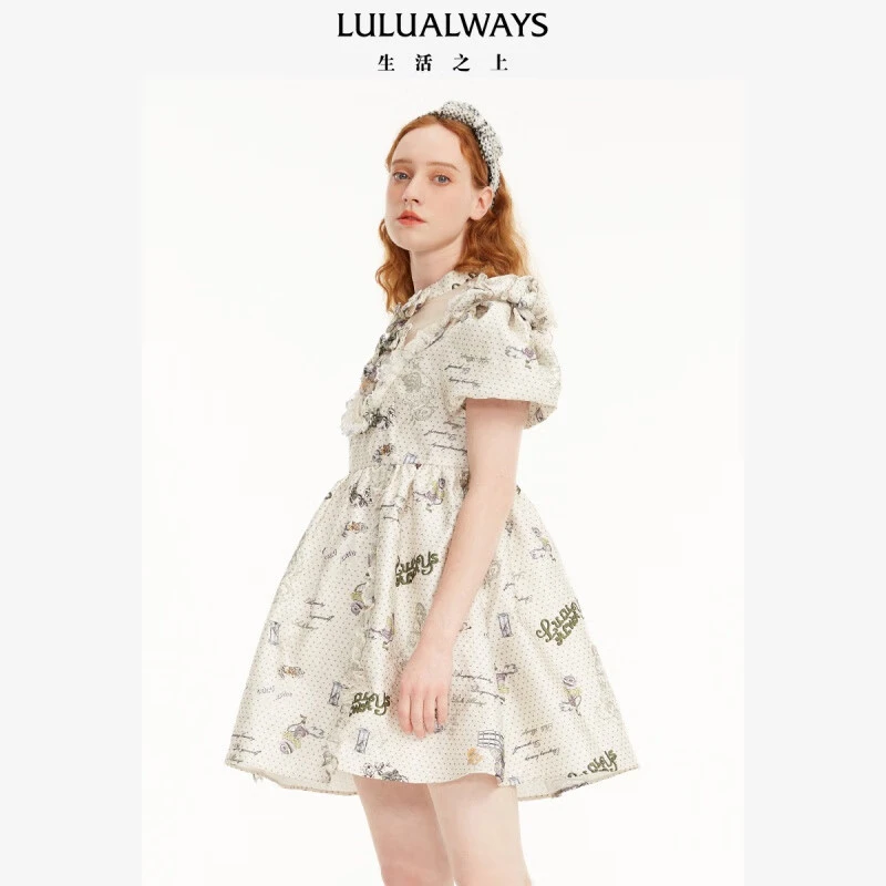 LULUALWAYS春季时尚蝴蝶结拼接网纱连衣裙LOA5052