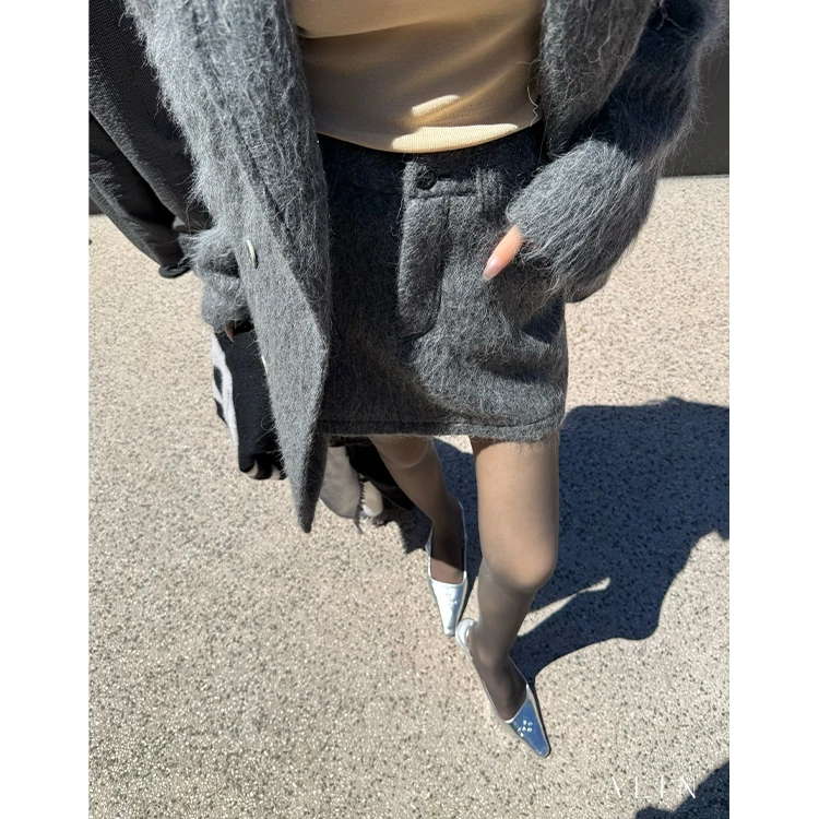 阿琳ALIN【柔絮】高级感羊驼毛半身裙女冬灰色显瘦百搭短裙AL5OMQ10
