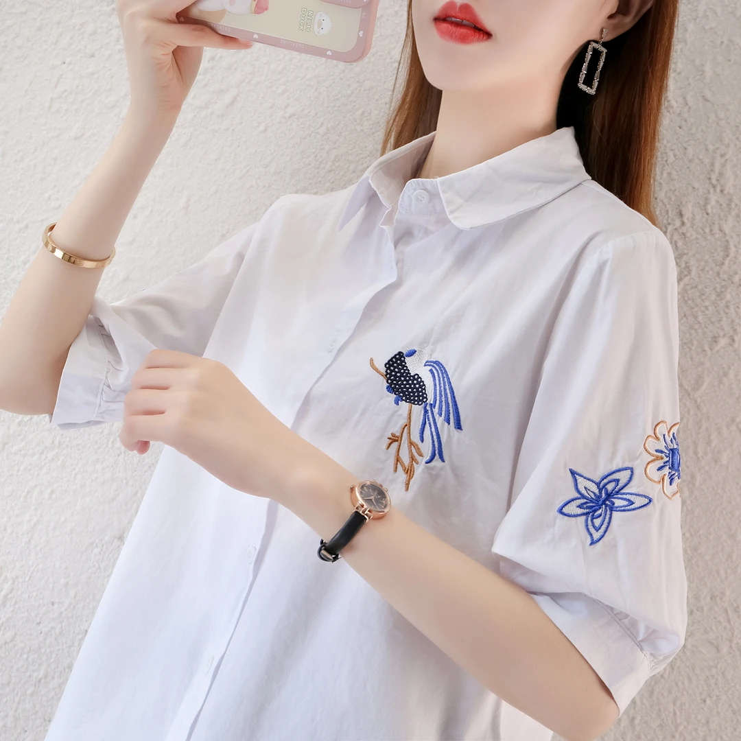 新款气质时尚田园风喜鹊刺绣衬衫纯棉小众百搭休闲精致衬衣开衫