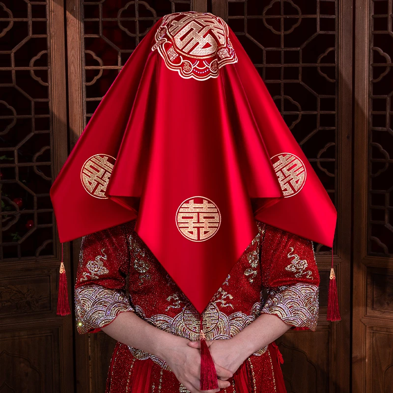 结婚红盖头中式婚礼新款新娘秀禾服红色刺绣头巾头纱头饰婚庆用品