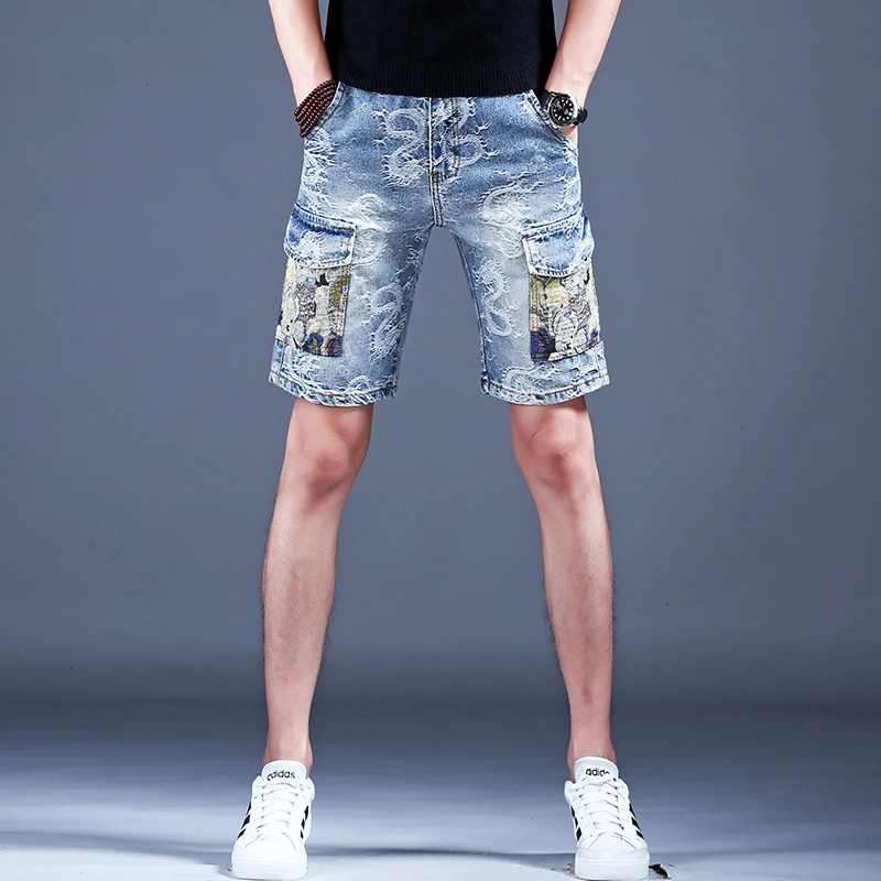 卡因耶查高端时尚印花工装五分裤子宽松直筒牛仔短裤男款夏季薄款