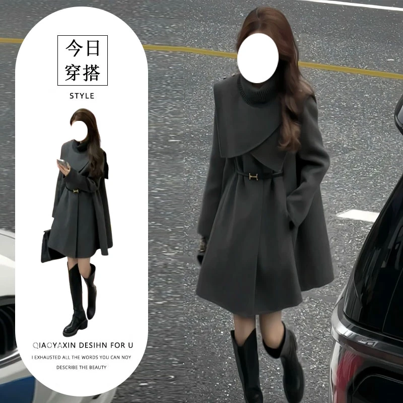 秋季新款可拆卸斗篷毛呢大衣中长款修身显瘦时髦洋气两件套女