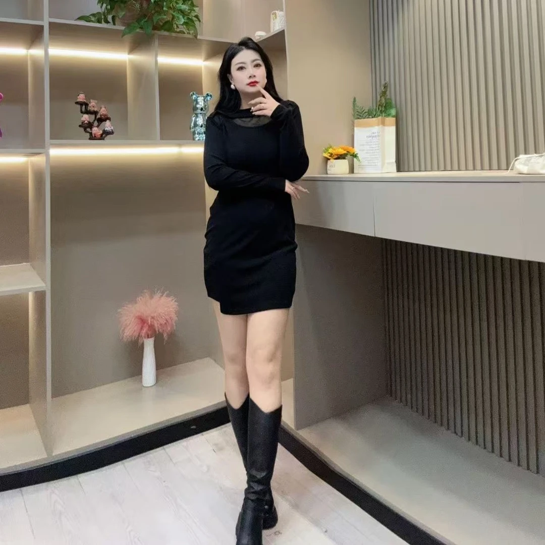 冬季连衣裙-冠 3751时尚气质收腰拼接显瘦百搭胖MM大码女装新款
