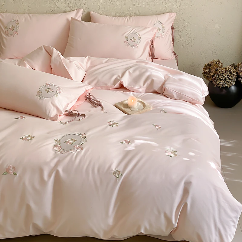 法式高级感秋冬全棉长绒棉四件套公主风纯棉磨毛被套轻奢床上用品