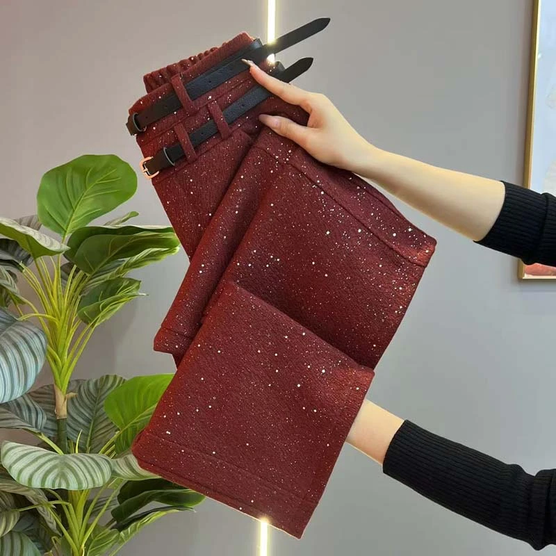 双腰带毛呢哈伦裤女高腰2025春季新款时尚宽松亮片直筒九分休闲裤