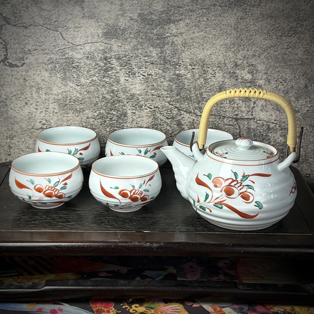 当代 日本正品有田烧胡窑作吴须赤绘茶具一套(壶满容550ml)