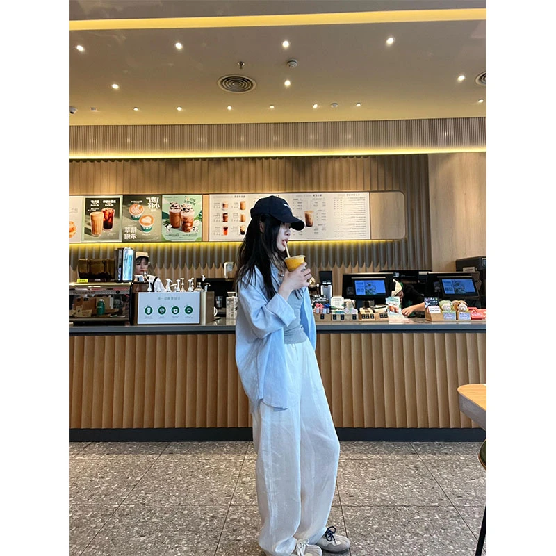 早春新款休闲百搭吊带背心蓝色设计感条纹衬衫高腰修身显瘦阔腿裤