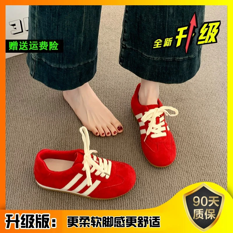 三福真皮黄色德训鞋女2025新款夏季薄款网鞋女透气网面运动阿甘鞋