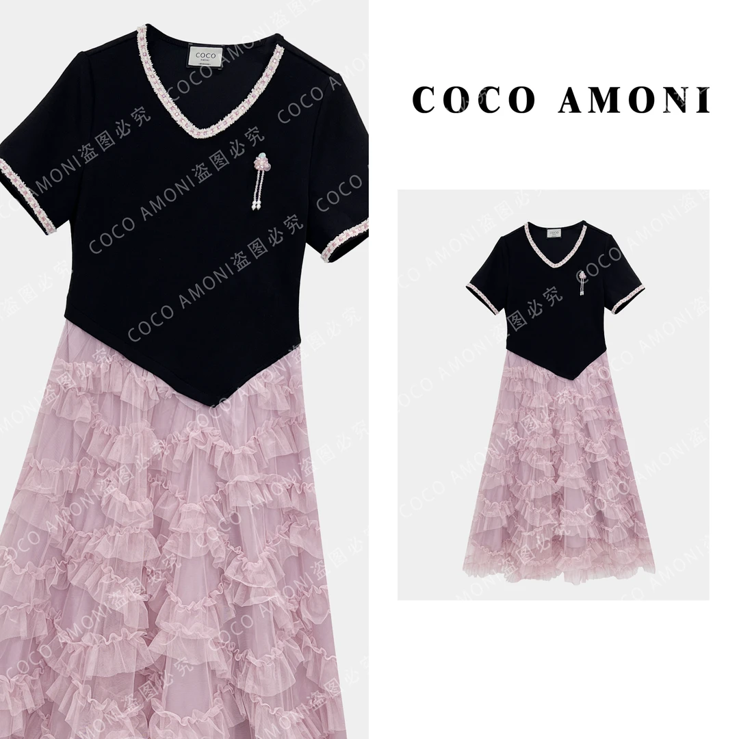 设计师时尚新款网纱花边女装拼接重工V领气质连衣裙ZC309