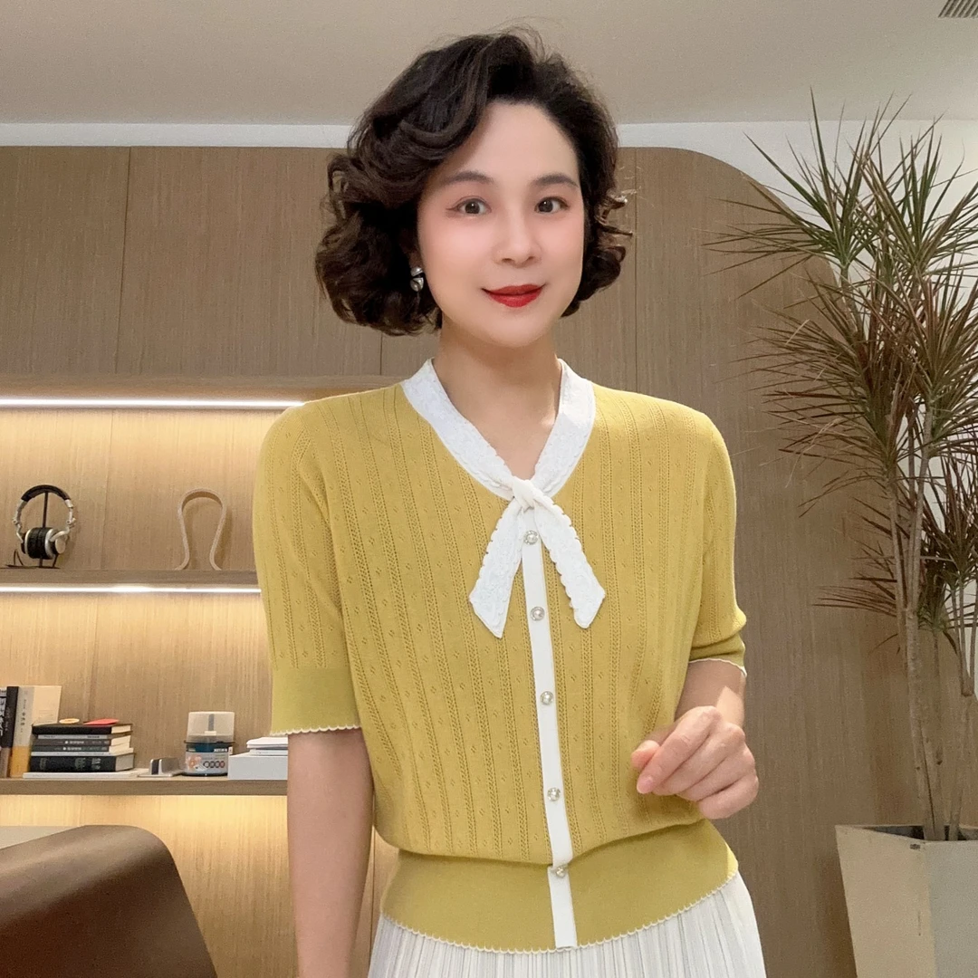 短袖飘带款针织上衣#DQ2480