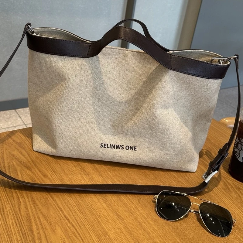 复古撞色高密度亚麻帆布拼接大容量托特包手提斜跨字母包休闲百搭