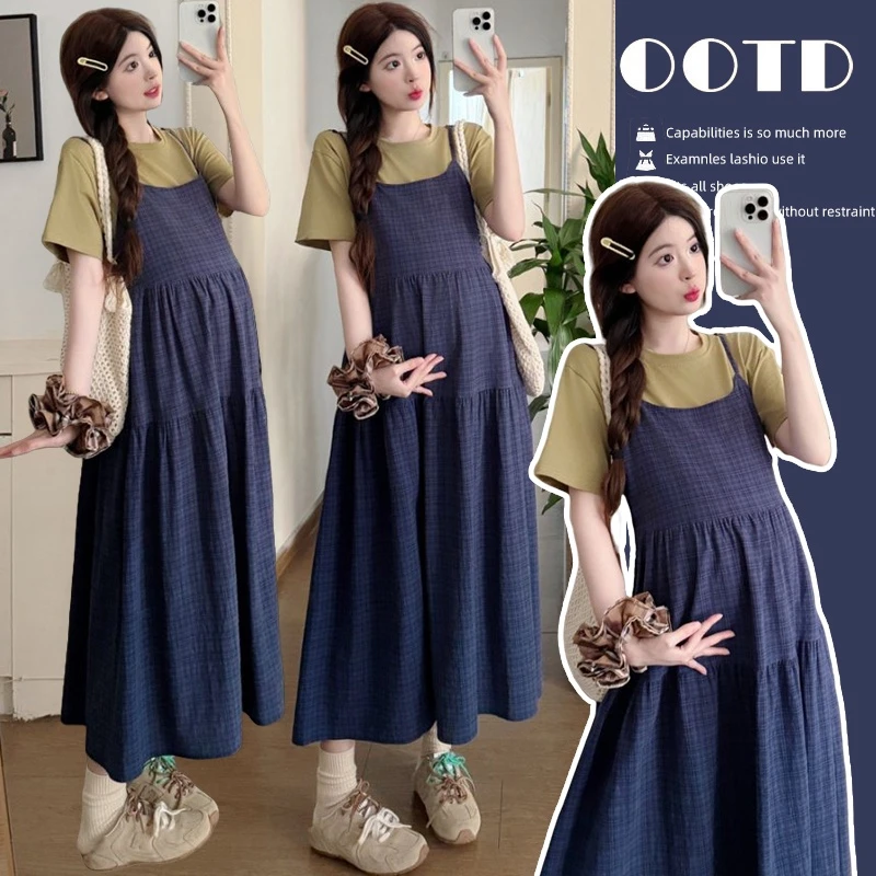 MIMI~孕妇装韩版小众复古格纹连衣裙2025夏季叠穿女慵懒感吊带裙