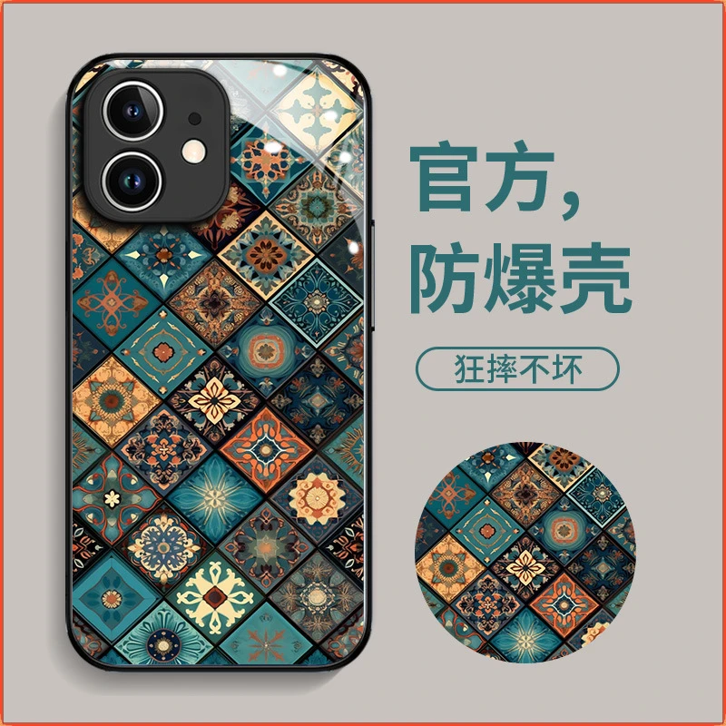 苹果13手机壳14pro复古图腾15promax简约8全包11玻璃12pro保护套