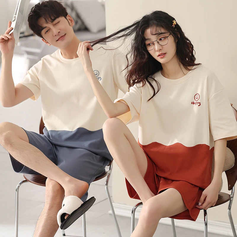 2套价 情侣睡衣夏季纯棉简约短袖短裤套装休闲青年圆领夏天家居服