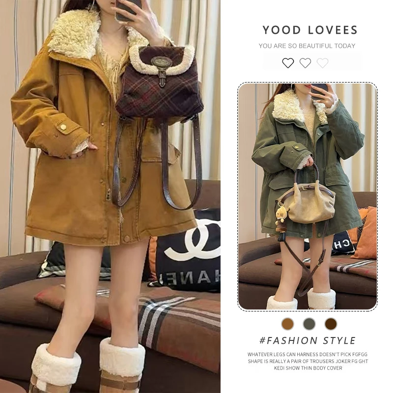 2025秋冬季新款毛毛领拼接女装时尚简约抽绳收腰宽夹棉保暖棉服潮