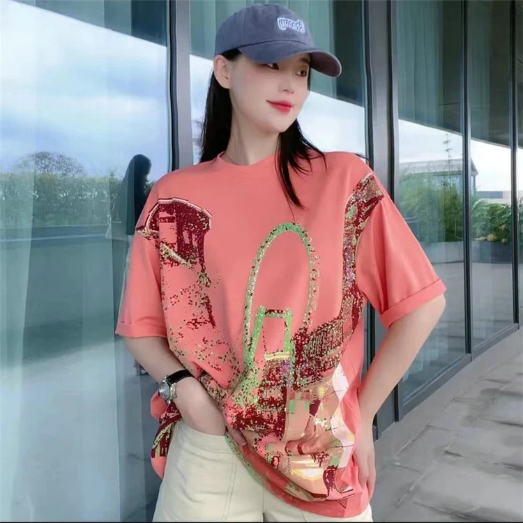 哥家新款2025夏季宽松摩天轮印亮片花中长款短袖t恤女装