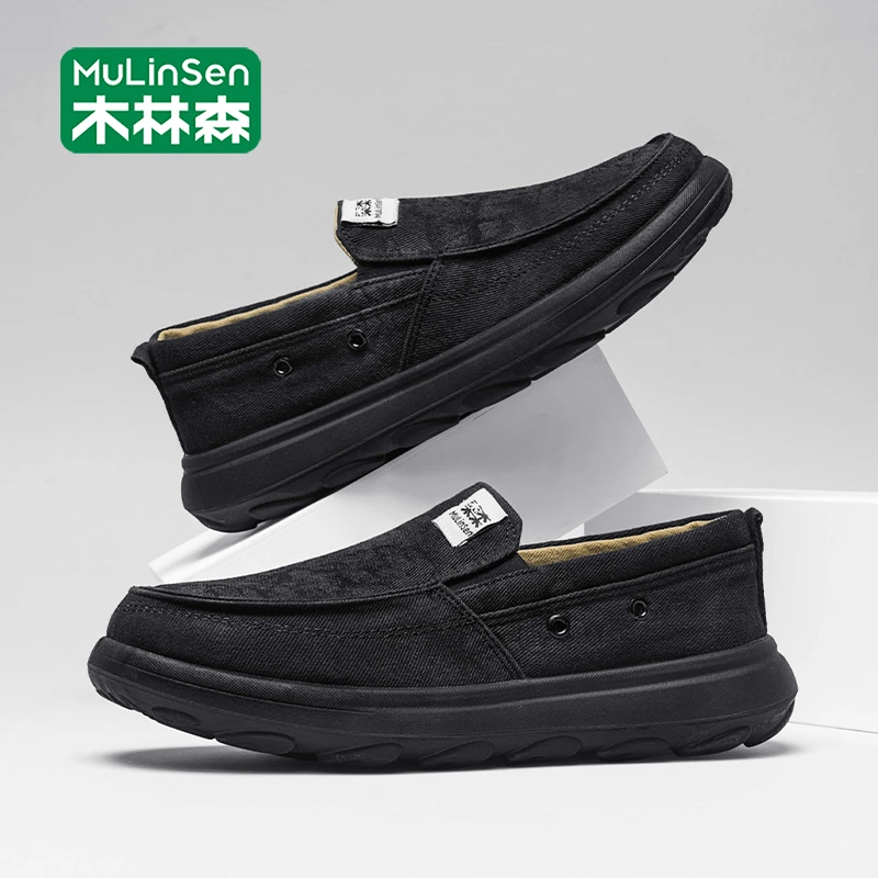 木林森男士健步鞋2025新款秋季透气布鞋男款休闲软底一脚蹬帆布鞋