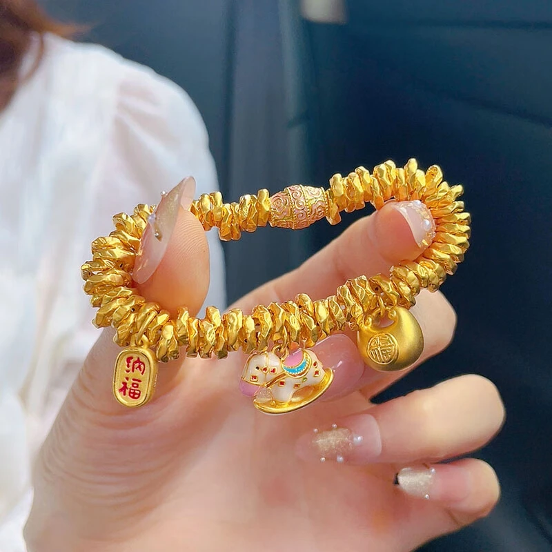 瑞诺黄金发财小木马盘缠手链足金999小胖福金手链生日礼物送女友