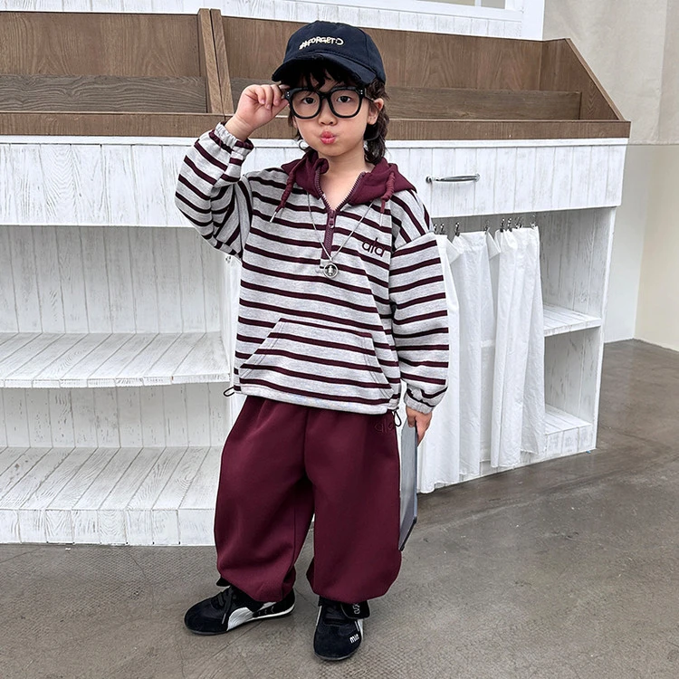 2025秋季新款男童洋气套装ala条纹拼色时髦韩版衣服连帽卫衣套