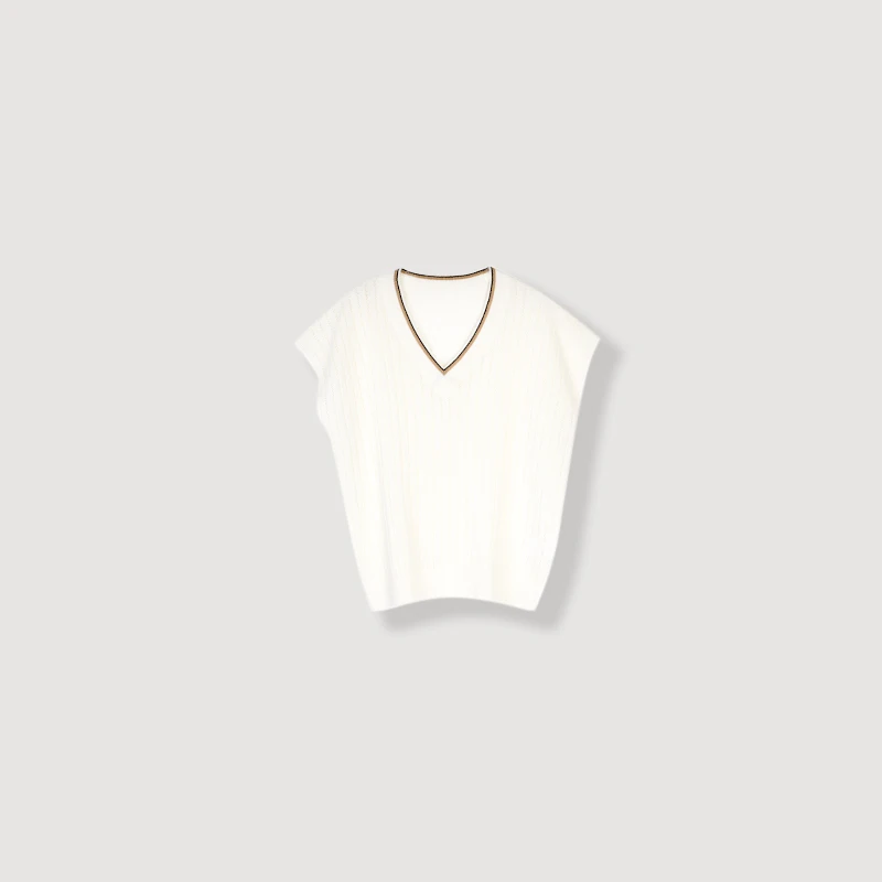 【夏夜晚风】BC同款老钱风套头V领无袖镂空亚麻针织衫背心25C4067