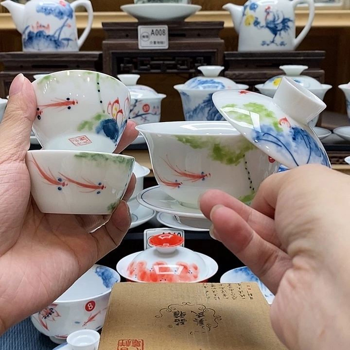 手绘五彩荷花悬停盖碗150cc➕水缸杯两个装釉下彩微瑕福利款