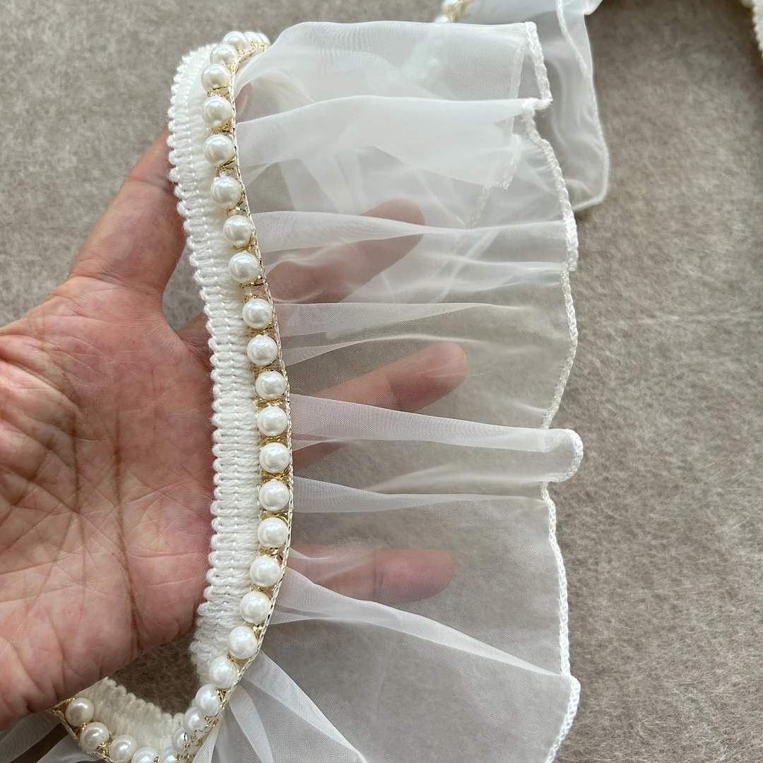 小谢窗饰单边珍珠复合欧根纱木耳边蕾丝荷叶边褶皱窗帘服装白金线